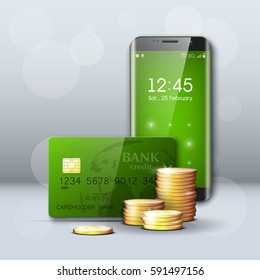 Mobile phone, Credit card, gold coins banner. Smartphone online banking. Mobile finans. Plastic card. Cellular Debit card chip. Electronic money funds transfer. Economical tariff cellphone operator