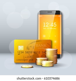 Mobile phone, Credit card, gold coins banner. Smartphone online banking. Mobile finans. Plastic card. Cellular Debit card chip. Electronic money funds transfer. Economical tariff cellphone operator