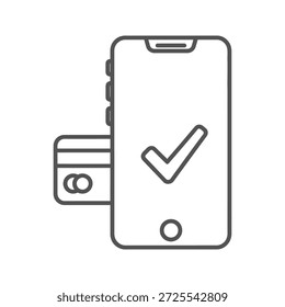 Telefone celular com cartão de crédito inserido e marca de verificação, indicando pagamento móvel bem sucedido.