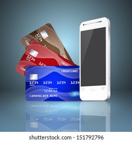 Mobile phone with credit cards on gray background. Mobile payment concept. EPS10 vector.