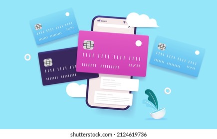 Mobile phone and credit cards - Smartphone with various banking cards, online shopping concept, vector illustration with blue background