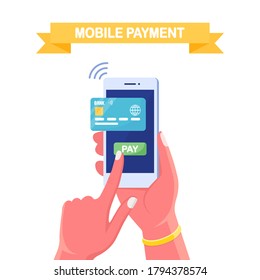 Mobile phone with credit or debit card. Online payment, security transaction. Internet banking app. Vector flat design