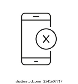 Telefone Celular com Ícone de Linha de Sinalização Cruzada. Erro ou Cancelar Ação no Símbolo de Contorno do Smartphone. Erro de dispositivo ou notificação de desligamento. Traço editável. Ilustração de vetor isolada.