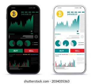 Mobile Phone With Cryptocurrency Online Trading and Bitcoin Finance App Screen. UI design template for dark and white background.