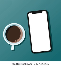 Mobile phone and cup of coffee on a table. Cup Of Coffee With Mobile Phone Flat Illustration.