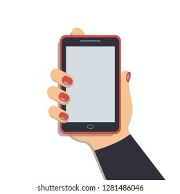 A mobile phone in the cute female`s hand. A smartphone in businesswoman`s hand. A navy sleeve. Red nails. Vector illustration