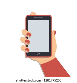A mobile phone in the cute female`s hand. A smartphone in businesswoman`s hand. A red sleeve. Red nails. Vector illustration