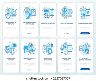 Mobile phone cyber attack blue onboarding mobile app screen set. Walkthrough 5 steps editable graphic instructions with linear concepts. UI, UX, GUI template. Myriad Pro-Bold, Regular fonts used