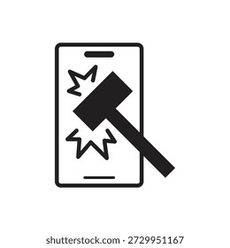 Telefone celular danificado pelo design de ícone de glifos de martelo