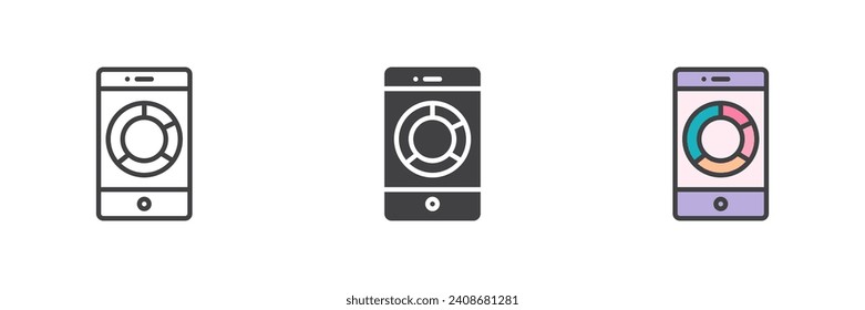 Mobile phone data diagram different style icon set. Line, glyph and filled outline colorful version, outline and filled vector sign. Symbol, logo illustration. Vector graphics
