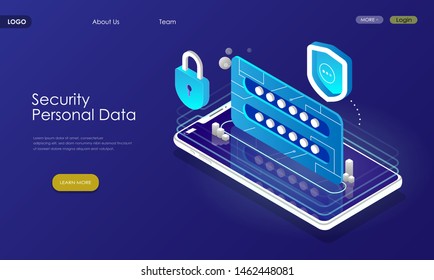 Mobile phone data protection isometric, user authentication, secure file storage, data security, authorization form and password check, login concept, application verification, vector ultraviolet.
