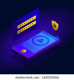 Mobile phone data protection with VPN user authentication form, secure 3d icon. Private security data file storage, authorization form with login, password check concept and application verification