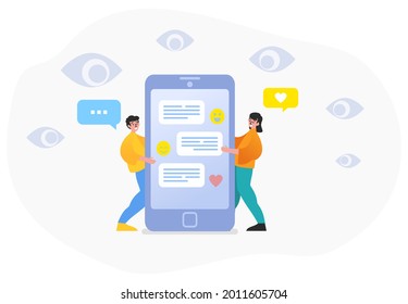 Mobile phone data security, spyware, private messages hacked. Two people stand near mobile phone, eyes spying over them. Modern vector illustration