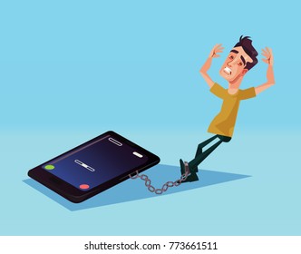 Mobile phone dependence. Vector cartoon illustration