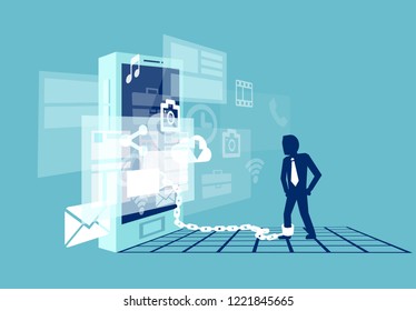 Mobile phone dependence. Vector illustration of a businessman chained to smart phone