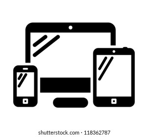 Mobile phone, desktop computer and tablet PC black vector icon