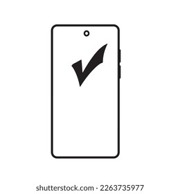 mobile phone device icon simple illustration showing Check mark yes on screen, 
check mark icon symbol. Approved signal. Vector
