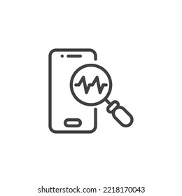 Mobile phone diagnostic line icon. linear style sign for mobile concept and web design. Cell Phone and magnifying glass outline vector icon. Symbol, logo illustration. Vector graphics