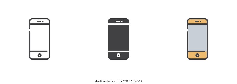 Mobile phone different style icon set. Line, glyph and filled outline colorful version, cellphone outline and filled vector sign. Symbol, logo illustration. Vector graphics