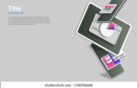 Mobile phone and digital tablet in the air with elements of the financial application interface. Vector banner