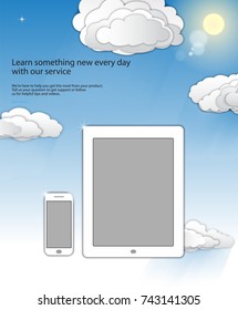 mobile phone and digital tablet with blank screen on a background of clouds