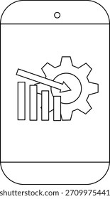 Mobile phone display a graph arrow and gear icon