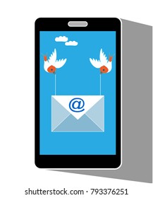 Mobile phone display showing bird carrying an email message electronic letter