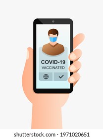 Mobile phone display and vaccination pass as proof of getting vaccinated. Person holding smartphone in hand and showing digital card on screen. COVID-19, coronavirus and vaccine concept.