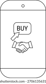 Mobile phone displaying BUY button cursor handshake icon