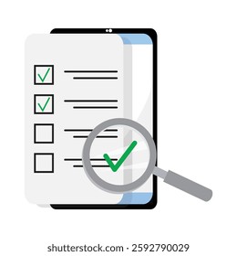 Mobile phone displaying a checklist with checkmarks. A magnifying glass with a green check in the center is in front