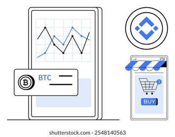 Telefone celular exibindo um gráfico de preço criptomoeda, símbolo Bitcoin com rótulo BTC e ícone do carrinho de compras on-line sob um toldo de loja. Ideal para finanças, moeda digital, e-commerce, aplicativos móveis