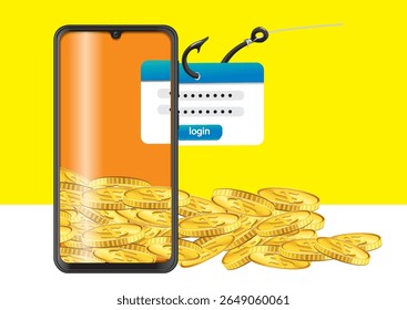 Mobile phone displaying a phishing attempt with login form and gold coins representing online fraud risks