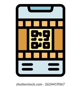 Telefone celular exibindo código qr e tira de filme, representando a convergência da tecnologia móvel, conteúdo multimídia e acesso a informações digitais