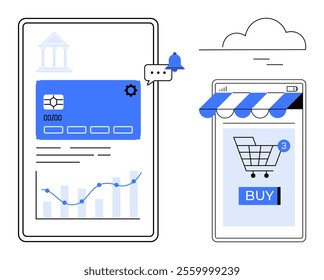 A mobile phone displaying a shopping cart and buy button, alongside a banking card and graph. Ideal for e-commerce, mobile banking, e-payments, financial technology, and online shopping. Minimalist