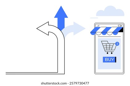 A mobile phone displaying a shopping cart and BUY button with a growth arrow representing e-commerce. Ideal for online shopping, e-commerce, digital marketing, mobile commerce, consumer behavior