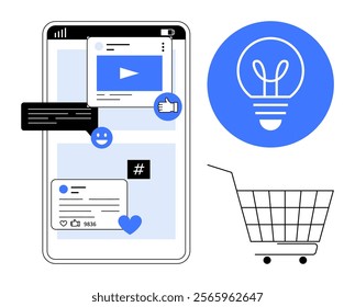 Mobile phone displaying social media interactions, accompanied by a shopping cart and an idea icon. Ideal for social media marketing, e-commerce, online communication, digital marketing, and mobile