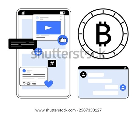 Mobile phone displaying social media notifications, video play icon, and interaction buttons. Bitcoin symbol and chat window. Ideal for tech, finance, social media, communication, digital marketing