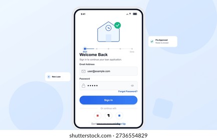 A mobile phone displays a login screen for a loan application app featuring a house icon with a percentage symbol. The interface includes email and password fields with a blue sign in button.