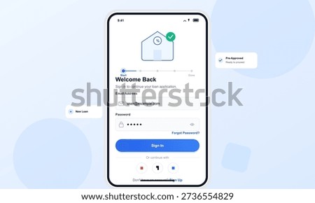 A mobile phone displays a login screen for a loan application app featuring a house icon with a percentage symbol. The interface includes email and password fields with a blue sign in button.