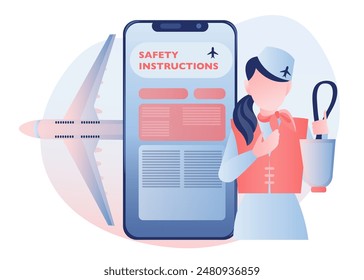 Mobile phone displays plane safety instructions, flight attendant holds oxygen mask, plane on background. Mobile app for in-flight safety instructions and service accessibility. Vector illustration.