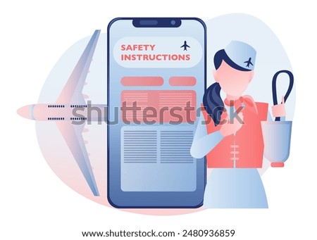 Mobile phone displays plane safety instructions, flight attendant holds oxygen mask, plane on background. Mobile app for in-flight safety instructions and service accessibility. Vector illustration.