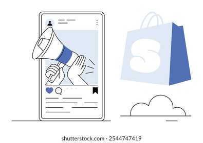 O telefone celular exibe uma postagem de mídia social com um ícone de megafone indicando um anúncio de marketing. Saco de compras simboliza o comércio online. Ideal para marketing digital, mídia social, on-line