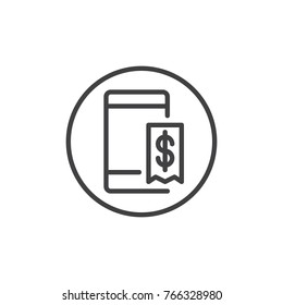 Mobile phone with dollar invoice line icon, outline vector sign, linear style pictogram isolated on white. Online smart payment symbol, logo illustration. Editable stroke