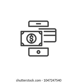 Mobile phone with dollar money and credit card outline icon. linear style sign for mobile concept and web design. Mobile payment transaction simple line vector icon. Symbol, logo illustration