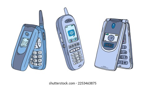 Mobile phone doodle. 2000s cellphones set. Y2k trendy illustration. Cellular phone retro technology. Millennial childhood technology. 90s and 2000s.