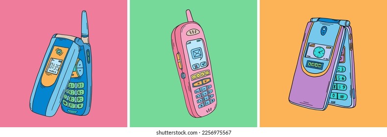 Mobile phone doodle. 2000s cellphones set. Y2k trendy illustration. Cellular phone retro technology. Millennial childhood technology. 90s and 2000s.