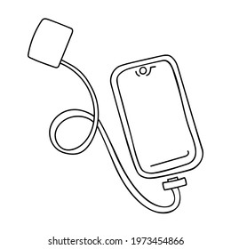 Mobile phone in doodle style. Battery charger. Vector isolated element on white background. Coloring. Sticker. Use in decor, messages, logos, diaries, schedules, calendars, notebooks. Eps10.