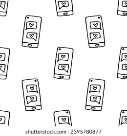 Mobile phone doodle vector seamless pattern on white background