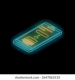 Teléfono móvil con la barra de progreso de la descarga, estilo del neón en el fondo oscuro, vista isométrica