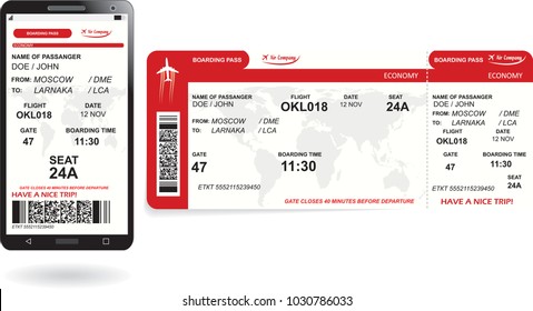 Mobile phone with electronic boarding pass airline ticket and paper boarding pass ticket. Concept of modern travel or journey. Vector illustration in red colors